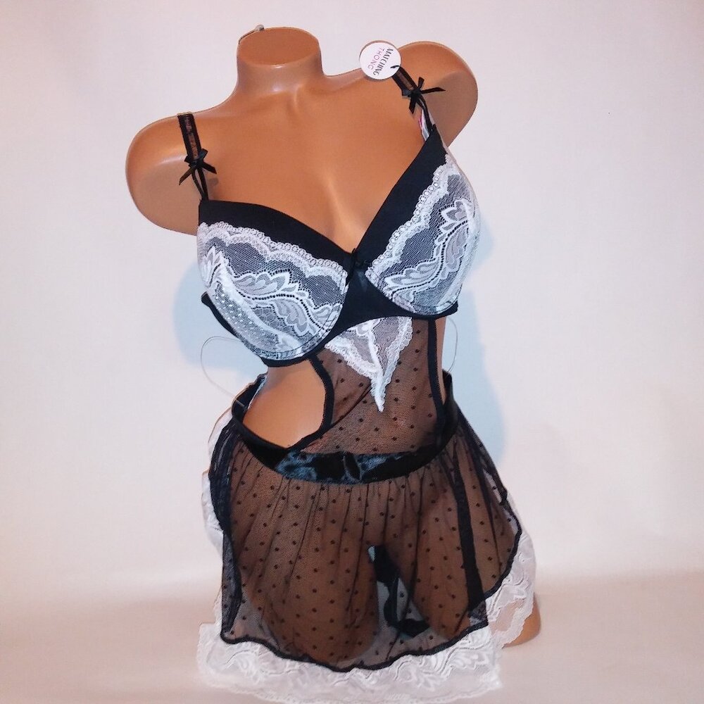 Spree Lingerie Set Babydoll & Panty Black White Maid Role Play Push Up Lace Trim